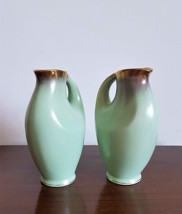 AnyesAttic Ceramic Fohr Keramik, Pair of Pale Green and Gold Trim Sculpted Ceramic Pitcher Vases, 1950s - 60s, W German