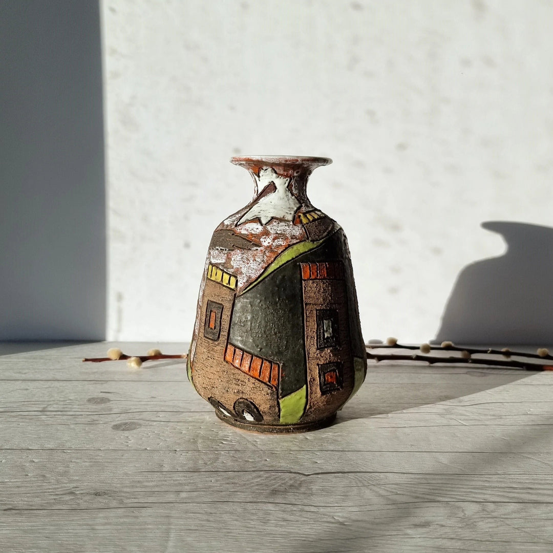 Ceramic vase, hot deep royal blue, with hand carved sgraffito leaf and flower design