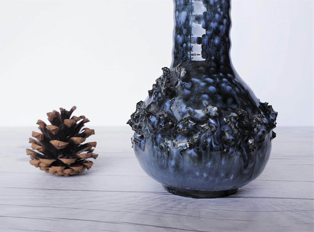 AnyesAttic Ceramic Glit Pottery, Iceland, REAL Lava 'Fat Lava' in Rare Slate Blue Glaze Ceramic Bud Vase, 1970s