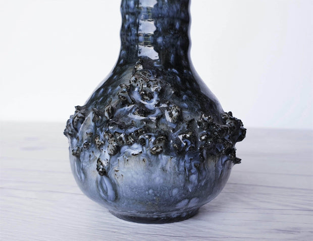 AnyesAttic Ceramic Glit Pottery, Iceland, REAL Lava 'Fat Lava' in Rare Slate Blue Glaze Ceramic Bud Vase, 1970s