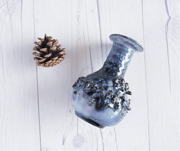 AnyesAttic Ceramic Glit Pottery, Iceland, REAL Lava 'Fat Lava' in Rare Slate Blue Glaze Ceramic Bud Vase, 1970s