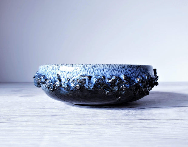 AnyesAttic Ceramic Glit Pottery, REAL Lava 'Fat Lava' in Rare 'Snow Blizzard' Blue Glaze Dish | Iceland, 1960-70s