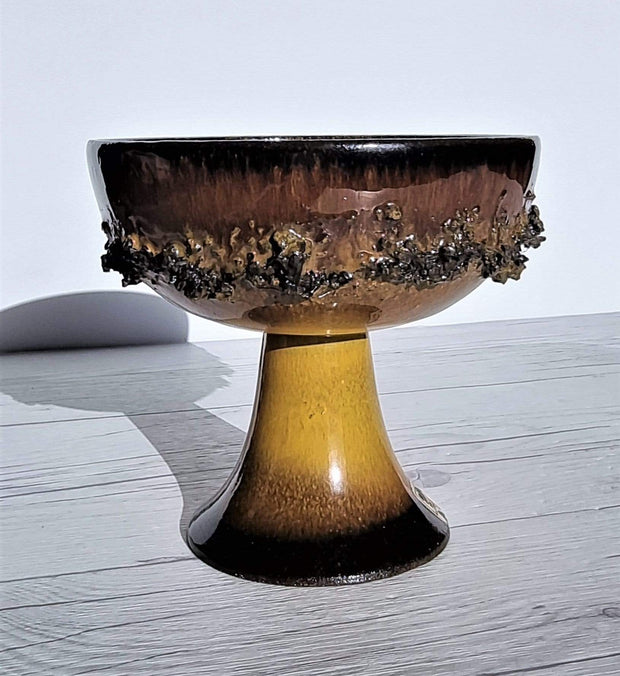 Glit Pottery Ceramic Glit Pottery, REAL Lava in Rare Dark Chocolate and Sunburst Yellow Chalice Bowl | Iceland, 1960-70s