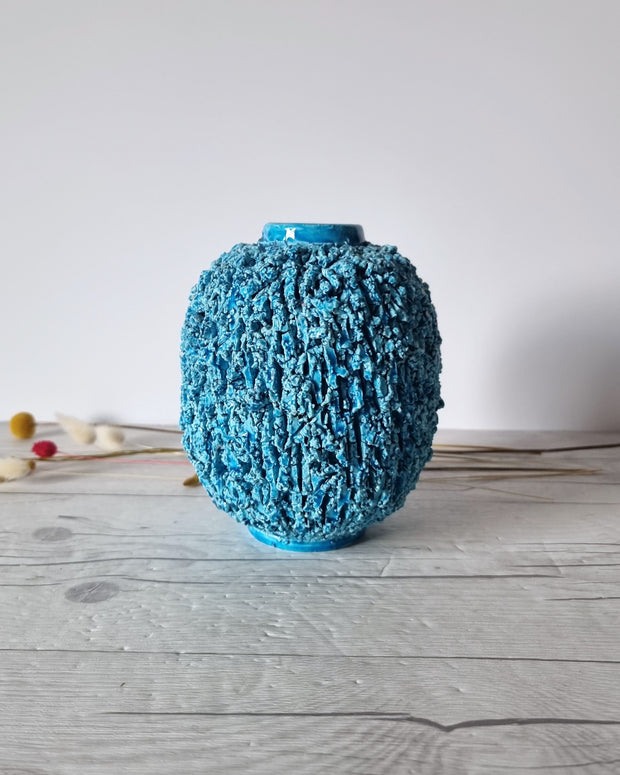 Rorstrand Ceramic Gunnar Nylund for Rorstrand, Chamotte 'Hedgehog' Series, Sculpted Turquoise Vase, 1940s-50s, Swedish