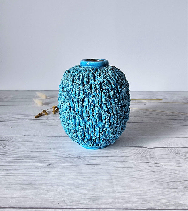 Rorstrand Lighting Gunnar Nylund for Rorstrand, Chamotte 'Hedgehog' Series, Sculpted Turquoise Vase, 1940s-50s, Swedish