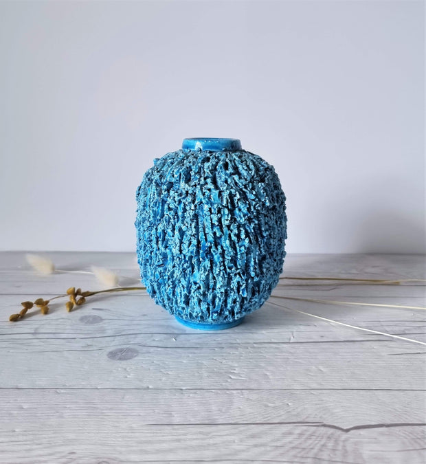 Rorstrand Ceramic Gunnar Nylund for Rorstrand, Chamotte 'Hedgehog' Series, Sculpted Turquoise Vase, 1940s-50s, Swedish