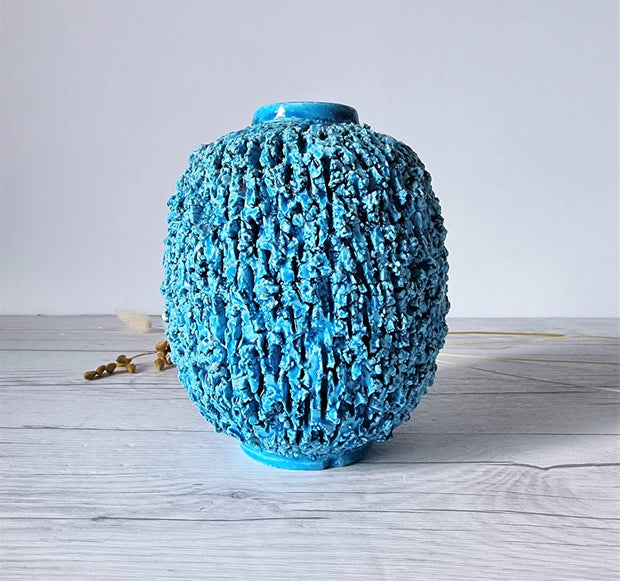 Rorstrand Lighting Gunnar Nylund for Rorstrand, Chamotte 'Hedgehog' Series, Sculpted Turquoise Vase, 1940s-50s, Swedish