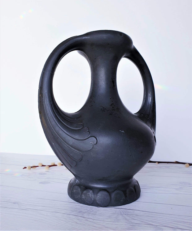 AnyesAttic Curio 1910s -30s Henker & Co. Art Nouveau Double-Handled Lavanite 'Anthracite' Stone Sculpted Vase