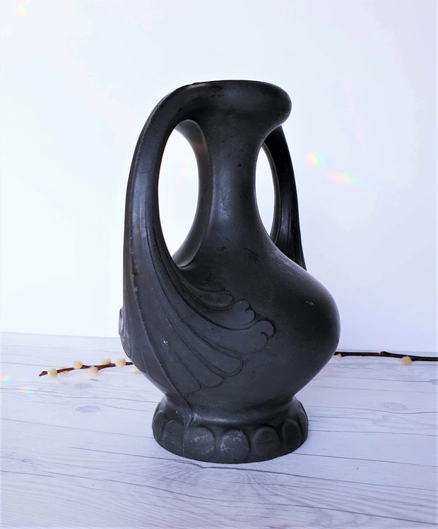 AnyesAttic Curio 1910s -30s Henker & Co. Art Nouveau Double-Handled Lavanite 'Anthracite' Stone Sculpted Vase