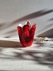 Hineri Iwatsu Glass Hokuyo Glassworks, Scarlet Striped 6 Lobed Cased Anemone Fazzoletto Vase, 1960s-70s, Japanese