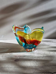 Hineri Iwatsu Glass Iwatsu Hineri, Buttercup, Scarlet and Electric Blue Stripe Flower Vase,1960s-70s, Japanese