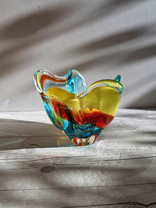 Hineri Iwatsu Glass Iwatsu Hineri, Buttercup, Scarlet and Electric Blue Stripe Flower Vase,1960s-70s, Japanese