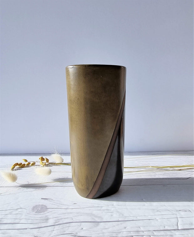 Upsala Ekeby Ceramic Hjordis Oldfors for Upsala Ekeby, 1955 'Diagonal' Series, Olive and Umber Modernist Sculptural Vase