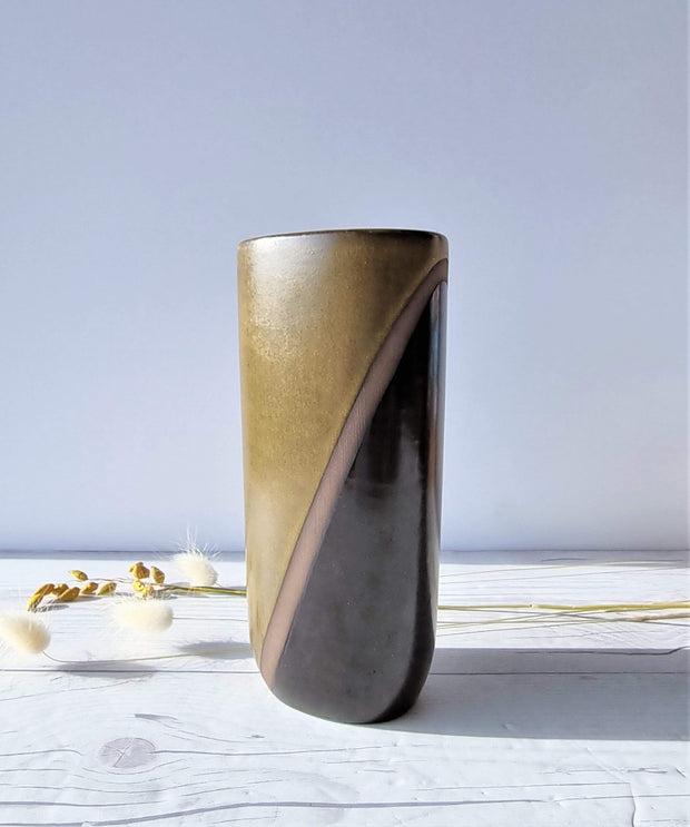 Upsala Ekeby Ceramic Hjordis Oldfors for Upsala Ekeby, 1955 'Diagonal' Series, Olive and Umber Modernist Sculptural Vase