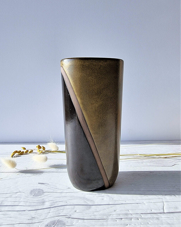 Upsala Ekeby Ceramic Hjordis Oldfors for Upsala Ekeby, 1955 'Diagonal' Series, Olive and Umber Modernist Sculptural Vase