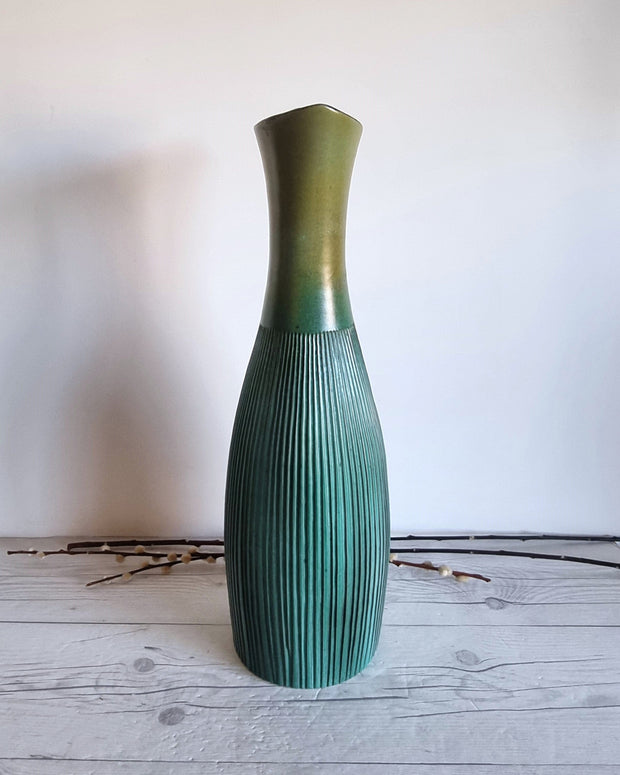 Upsala Ekeby Ceramic Hjordis Oldfors for Upsala Ekeby, 1958 Palma Series, Textured Gold and Teal Floor Vase, Sweden