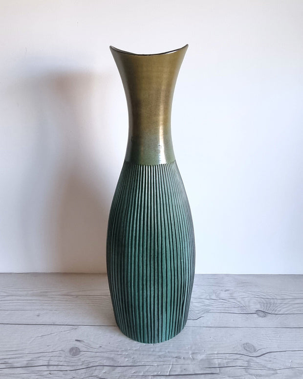 Upsala Ekeby Ceramic Hjordis Oldfors for Upsala Ekeby, 1958 Palma Series, Textured Gold and Teal Floor Vase, Sweden