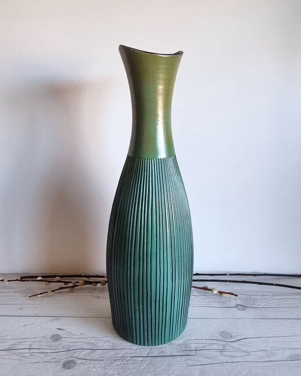 Upsala Ekeby Ceramic Hjordis Oldfors for Upsala Ekeby, 1958 Palma Series, Textured Gold and Teal Floor Vase, Sweden