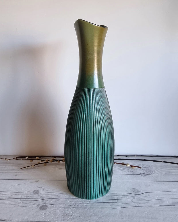 Upsala Ekeby Ceramic Hjordis Oldfors for Upsala Ekeby, 1958 Palma Series, Textured Gold and Teal Floor Vase, Sweden