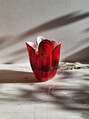Hokuyo Glass Glass Hokuyo Glassworks, Scarlet Striped 6 Lobed Cased Anemone Fazzoletto Vase, 1960s-70s, Japanese