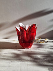 Hokuyo Glass Glass Hokuyo Glassworks, Scarlet Striped 6 Lobed Cased Anemone Fazzoletto Vase, 1960s-70s, Japanese