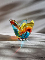 Hineri Iwatsu Glass Iwatsu Hineri, Buttercup, Scarlet and Electric Blue Stripe Flower Vase,1960s-70s, Japanese