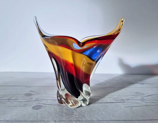 Hineri Iwatsu Glass Iwatsu Hineri Glassworks, Sculpted Apricot, Scarlet and Violet Stripe Vase,1960s-70s, Japanese