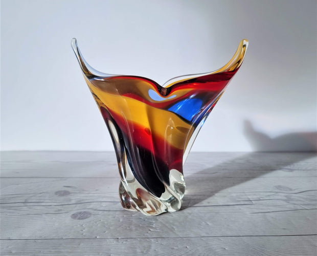 Hineri Iwatsu Glass Iwatsu Hineri Glassworks, Sculpted Apricot, Scarlet and Violet Stripe Vase,1960s-70s, Japanese