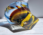 Hineri Glass Glass Iwatsu Hineri Glassworks, Sculpted Marigold, Garnet and Azur Stripe Dish,1960s-70s, Rare Form