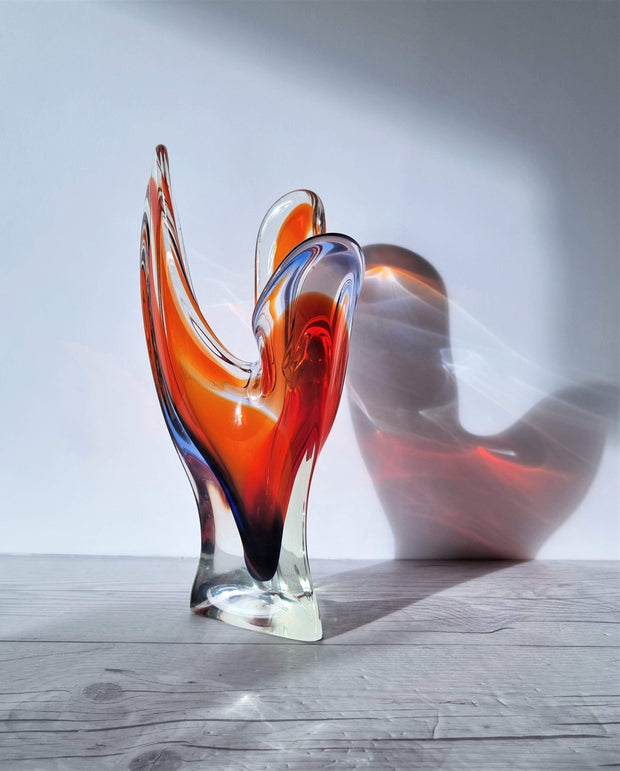 Hineri Iwatsu Glass Iwatsu Hineri Glassworks, Sculpted Apricot, Scarlet and Violet Stripe 3 Lobed Vase,1960s-70s