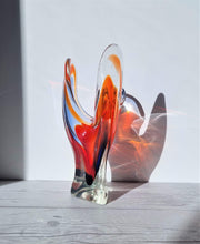 Hineri Iwatsu Glass Iwatsu Hineri Glassworks, Sculpted Apricot, Scarlet and Violet Stripe 3 Lobed Vase,1960s-70s