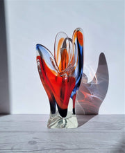 Hineri Iwatsu Glass Iwatsu Hineri Glassworks, Sculpted Apricot, Scarlet and Violet Stripe 3 Lobed Vase,1960s-70s