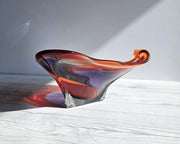 Hineri Iwatsu Glass Iwatsu Hineri Glassworks, Sculpted Scarlet, Tangelo and Violet Stripe Tricorn Dish 1960s-70s