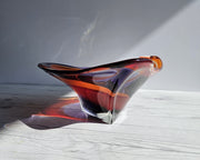 Hineri Iwatsu Glass Iwatsu Hineri Glassworks, Sculpted Scarlet, Tangelo and Violet Stripe Tricorn Dish 1960s-70s