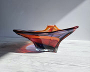 Hineri Iwatsu Glass Iwatsu Hineri Glassworks, Sculpted Scarlet, Tangelo and Violet Stripe Tricorn Dish 1960s-70s