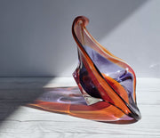 Hineri Iwatsu Glass Iwatsu Hineri Glassworks, Sculpted Scarlet, Tangelo and Violet Stripe Tricorn Dish 1960s-70s