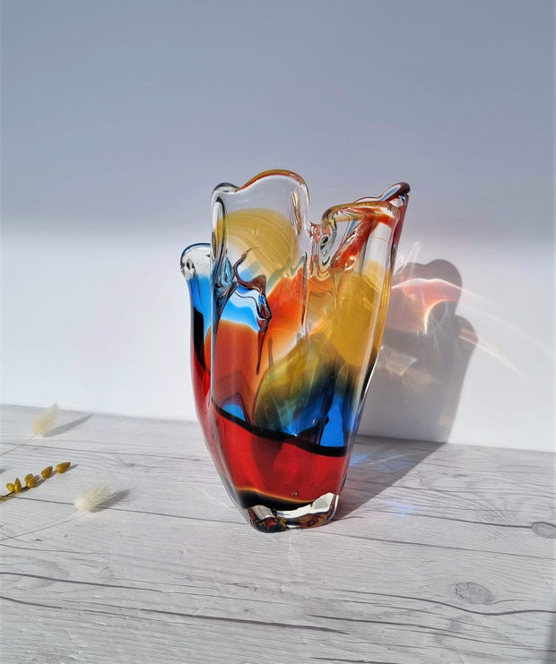 Hineri Glass Glass Iwatsu Hineri, Sculpted Apricot, Scarlet and Azure Striped Handkerchief Vase, 1960s-70s, Japanese