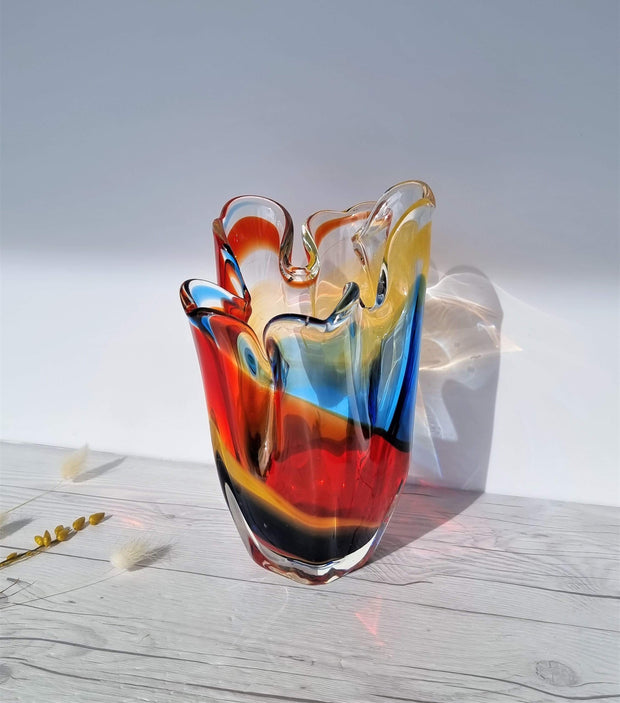 Hineri Glass Glass Iwatsu Hineri, Sculpted Apricot, Scarlet and Azure Striped Handkerchief Vase, 1960s-70s, Japanese