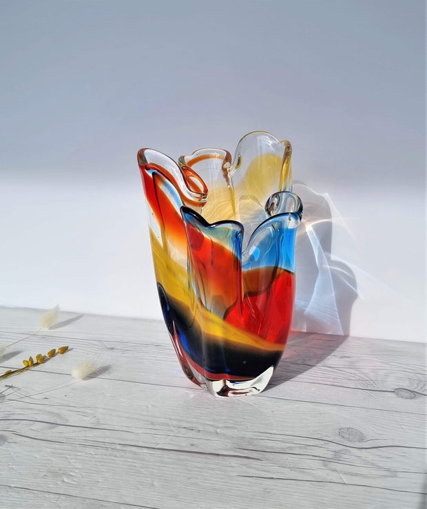 Hineri Glass Glass Iwatsu Hineri, Sculpted Apricot, Scarlet and Azure Striped Handkerchief Vase, 1960s-70s, Japanese