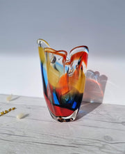 Hineri Glass Glass Iwatsu Hineri, Sculpted Apricot, Scarlet and Azure Striped Handkerchief Vase, 1960s-70s, Japanese