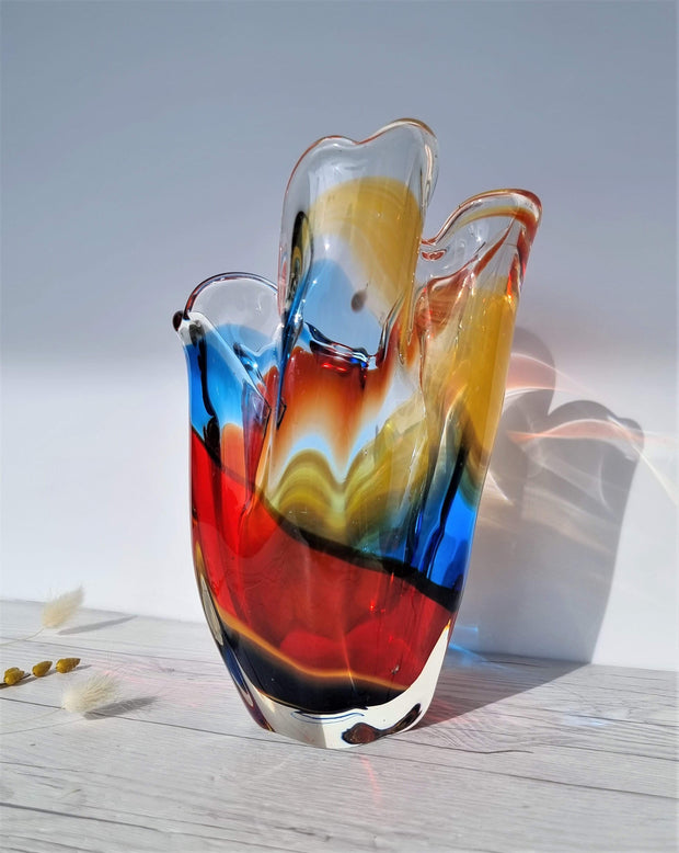 Hineri Glass Glass Iwatsu Hineri, Sculpted Apricot, Scarlet and Azure Striped Handkerchief Vase, 1960s-70s, Japanese