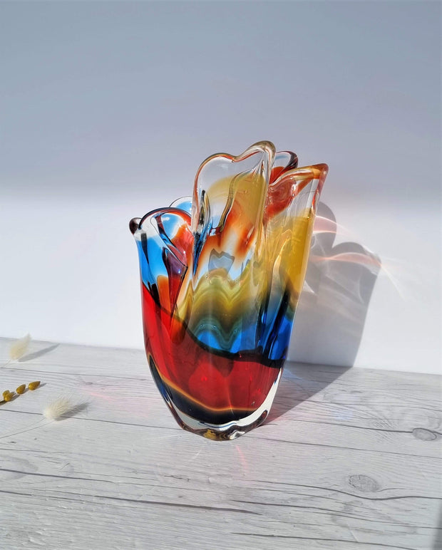 Hineri Glass Glass Iwatsu Hineri, Sculpted Apricot, Scarlet and Azure Striped Handkerchief Vase, 1960s-70s, Japanese