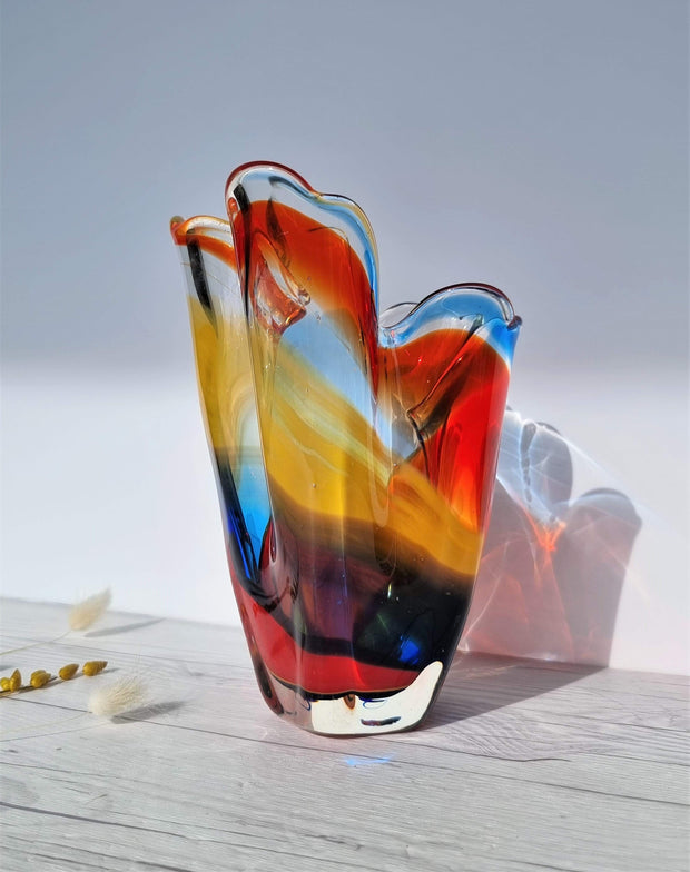 Hineri Glass Glass Iwatsu Hineri, Sculpted Apricot, Scarlet and Azure Striped Handkerchief Vase, 1960s-70s, Japanese