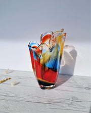 Hineri Glass Glass Iwatsu Hineri, Sculpted Apricot, Scarlet and Azure Striped Handkerchief Vase, 1960s-70s, Japanese