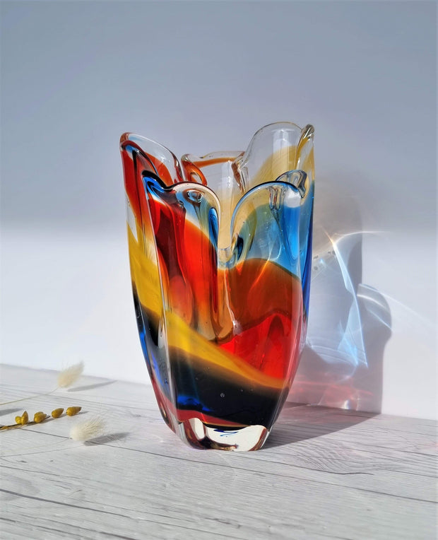 Hineri Glass Glass Iwatsu Hineri, Sculpted Apricot, Scarlet and Azure Striped Handkerchief Vase, 1960s-70s, Japanese