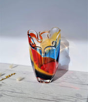 Hineri Glass Glass Iwatsu Hineri, Sculpted Apricot, Scarlet and Azure Striped Handkerchief Vase, 1960s-70s, Japanese