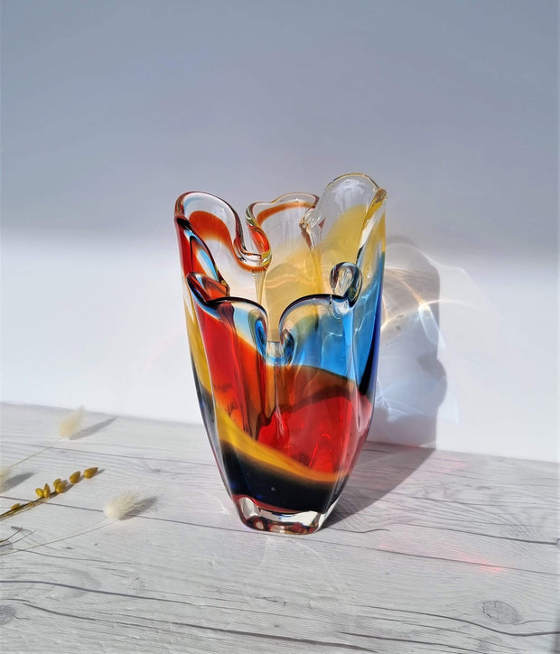 Hineri Glass Glass Iwatsu Hineri, Sculpted Apricot, Scarlet and Azure Striped Handkerchief Vase, 1960s-70s, Japanese