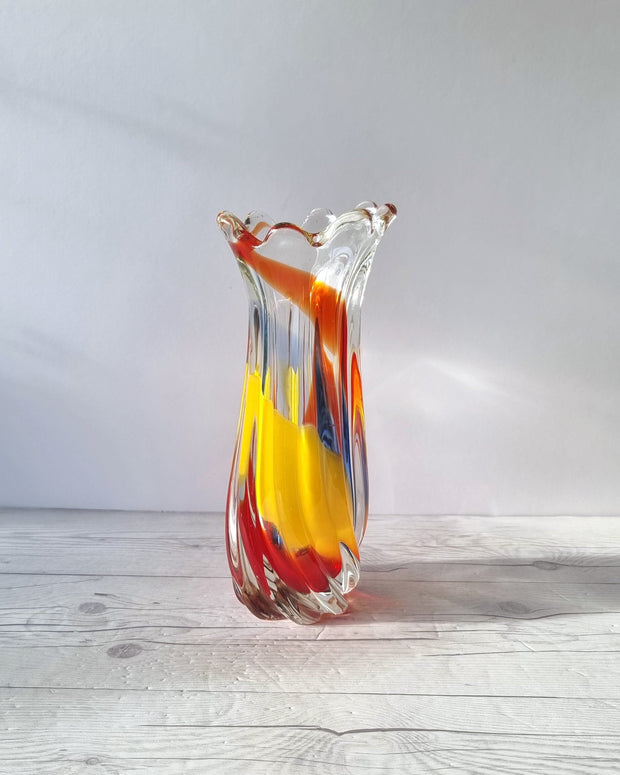 Hineri Iwatsu Glass Iwatsu Hineri, Sculpted Apricot, Scarlet and Azure Striped Twist Vase, 1960s-70s, Japanese