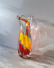 Hineri Iwatsu Glass Iwatsu Hineri, Sculpted Apricot, Scarlet and Azure Striped Twist Vase, 1960s-70s, Japanese