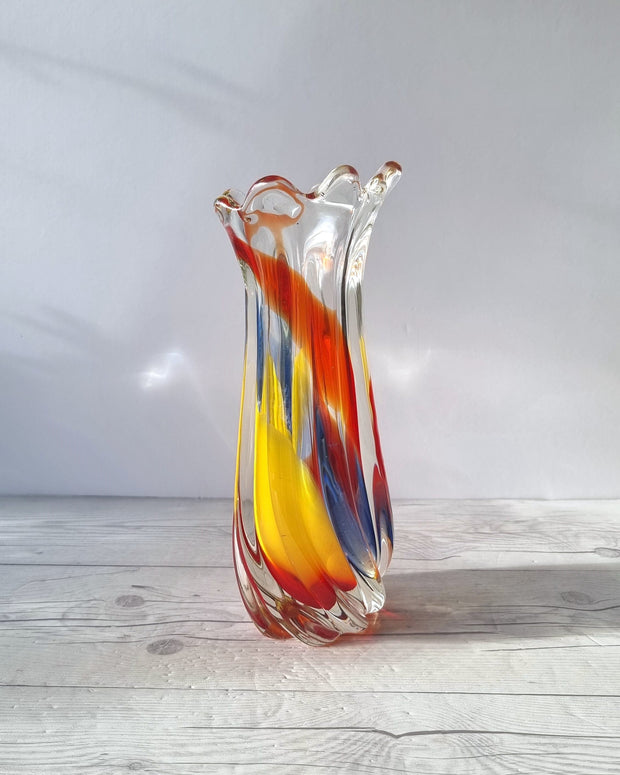 Hineri Iwatsu Glass Iwatsu Hineri, Sculpted Apricot, Scarlet and Azure Striped Twist Vase, 1960s-70s, Japanese